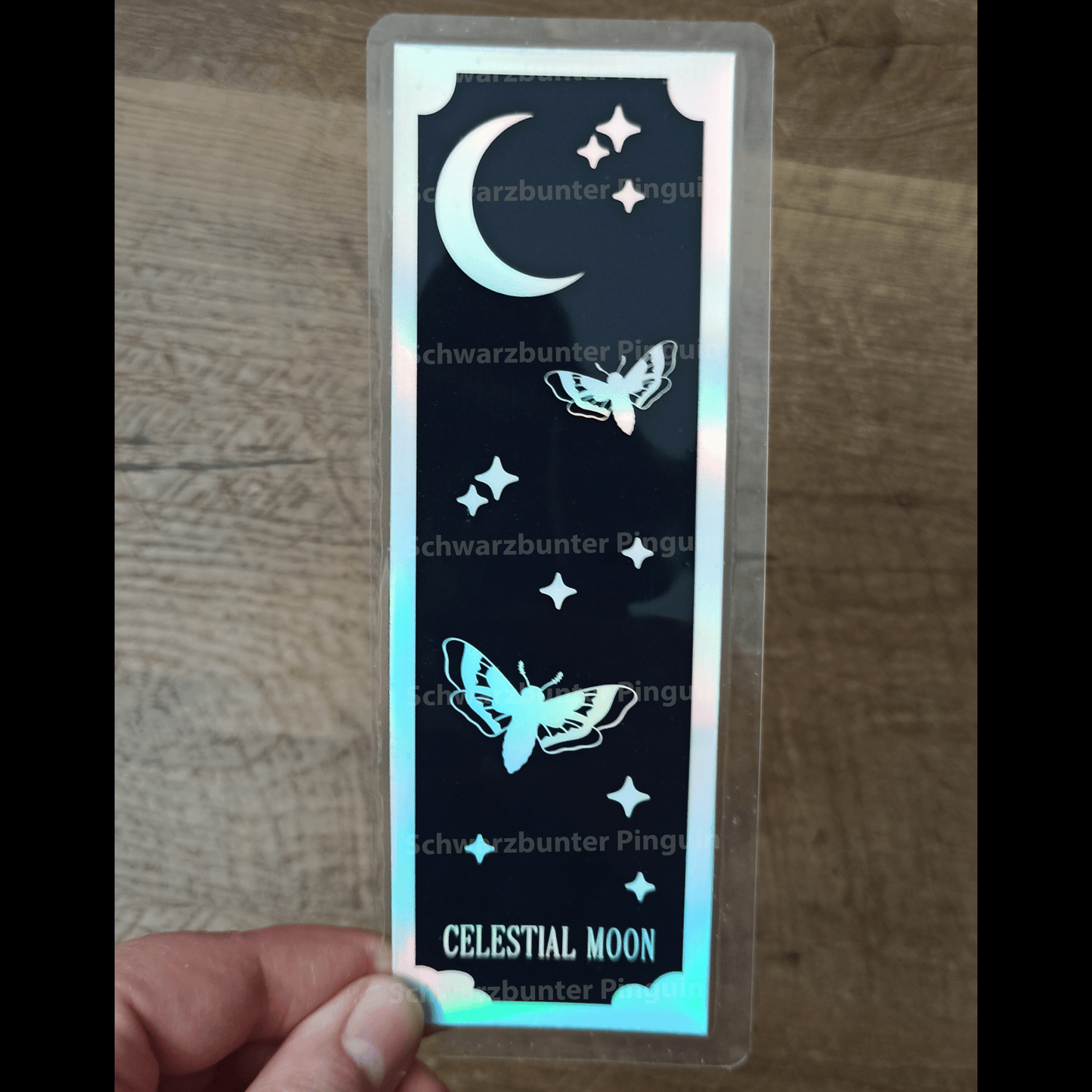 Holo Bookmark “Celestial Moon” – 15 x 5 cm | Black print with moon, stars, and moths | Handmade