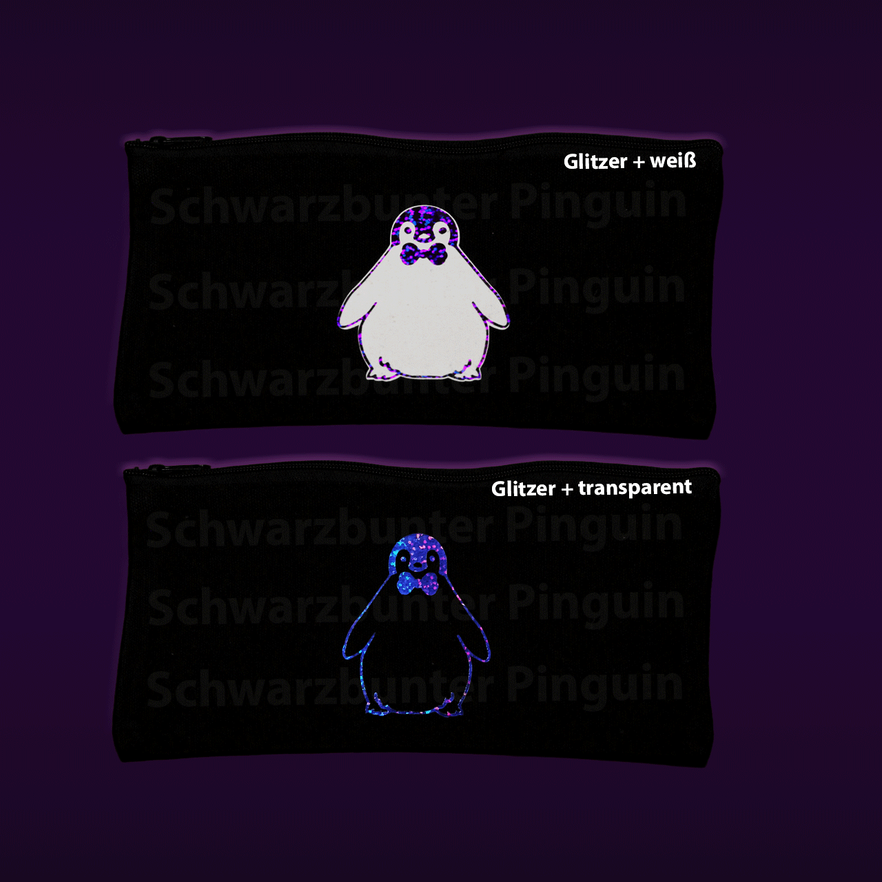 Beide Mäppchen von Pinguin Oskar in Glitzer mit und ohne weißes Fell innen.