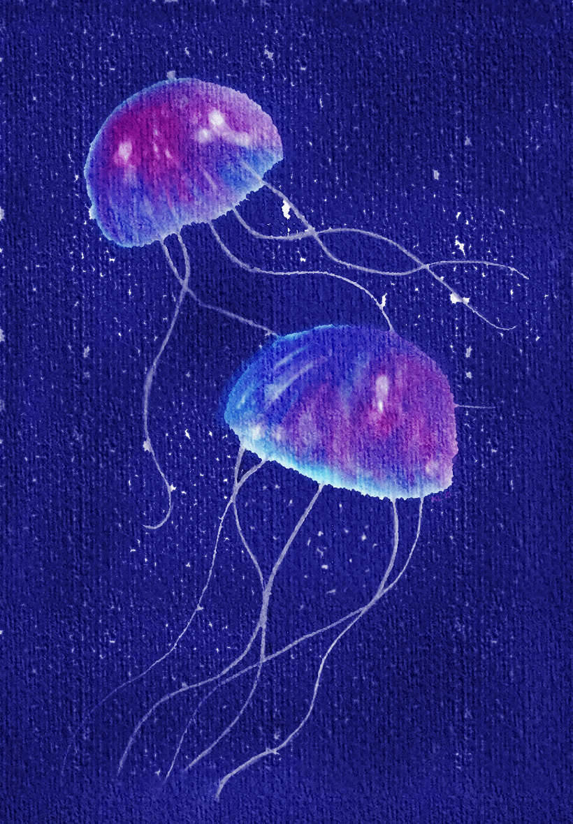 Digital Art Bild "Quallen Blau-Lila" mit blauem, texturiertem Hintergrund und weißen Sprenklern