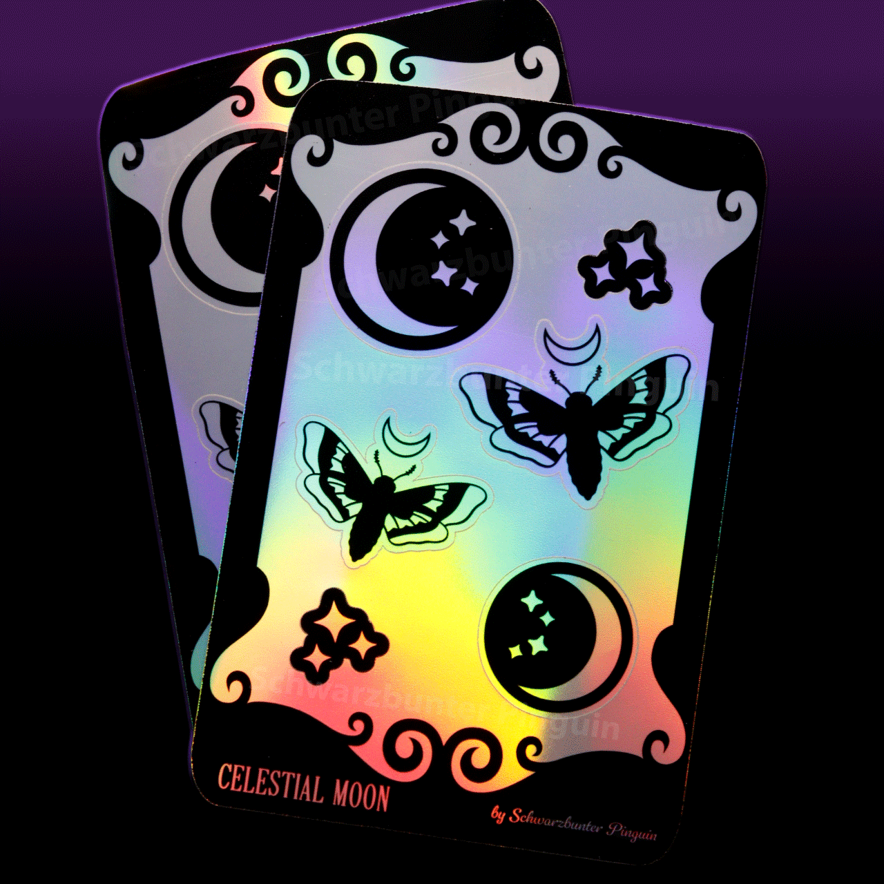 Celestial Moon Sticker Sheet. Mond, Motten und Sterne in schwarz und Holo Optik.