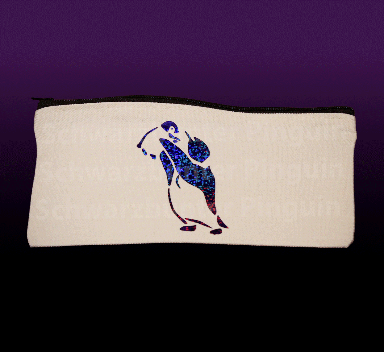 Mäppchen vom blau glitzerndern Schwarzbunter Pinguin Motiv, Tasche in beige mit schwarzem Zipper