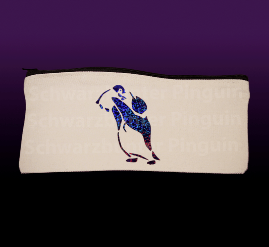Mäppchen vom blau glitzerndern Schwarzbunter Pinguin Motiv, Tasche in beige mit schwarzem Zipper