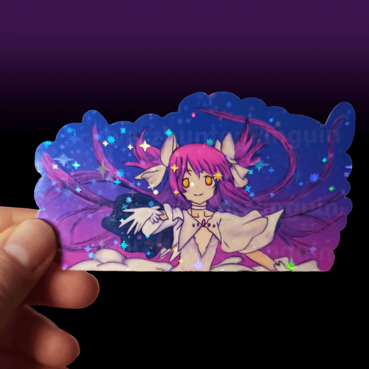 Glitzer Sticker von einer Göttin, welche einst ein Magical Girl war. Der Sticker ist in pink, blau und lila Tönen und mit Konturschnitt.