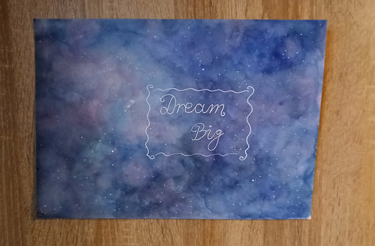 Original Bild "Dream Big" mit blau-lilafarbigem Galaxy Look in Aquarell Optik