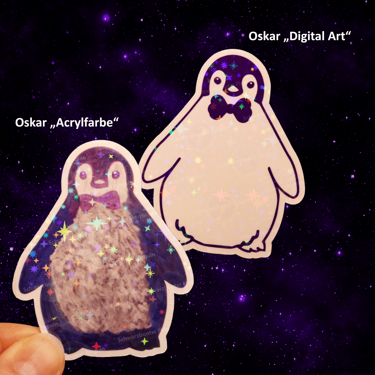 Sticker mit Pinguin Oskar in den Varianten Digital Art oder mit Acrylfarben gemalt