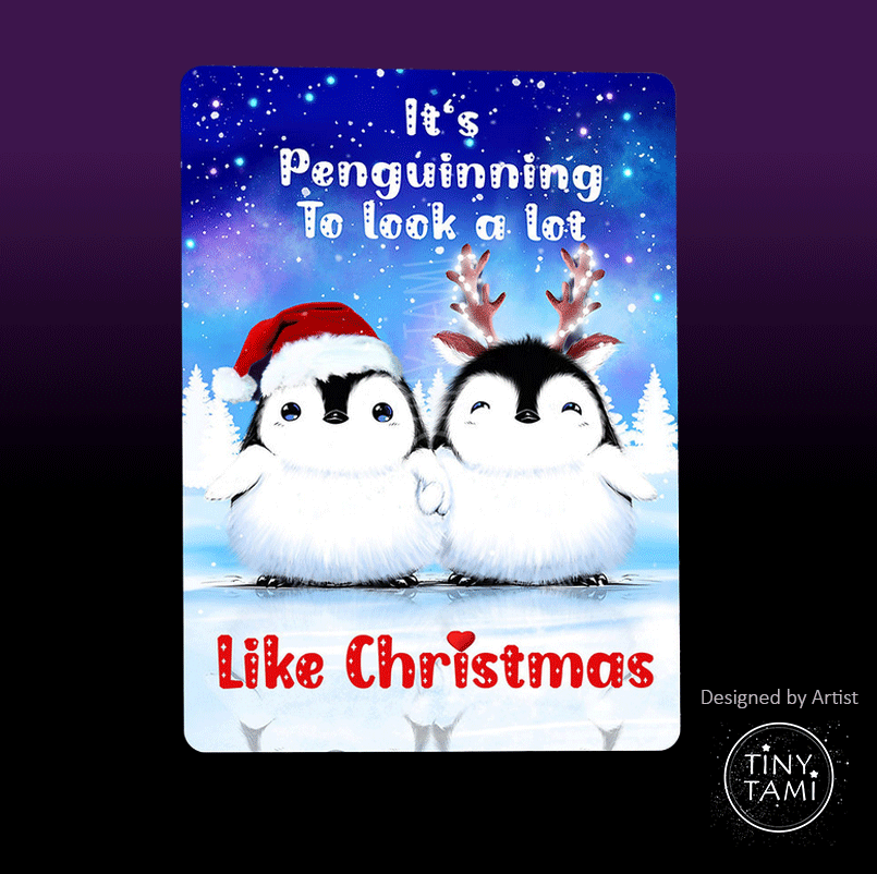 Pinguin Weihnachtspostkarte von Artist Tiny Tami mit zwei Pinguinen in einer Winterlandschaft